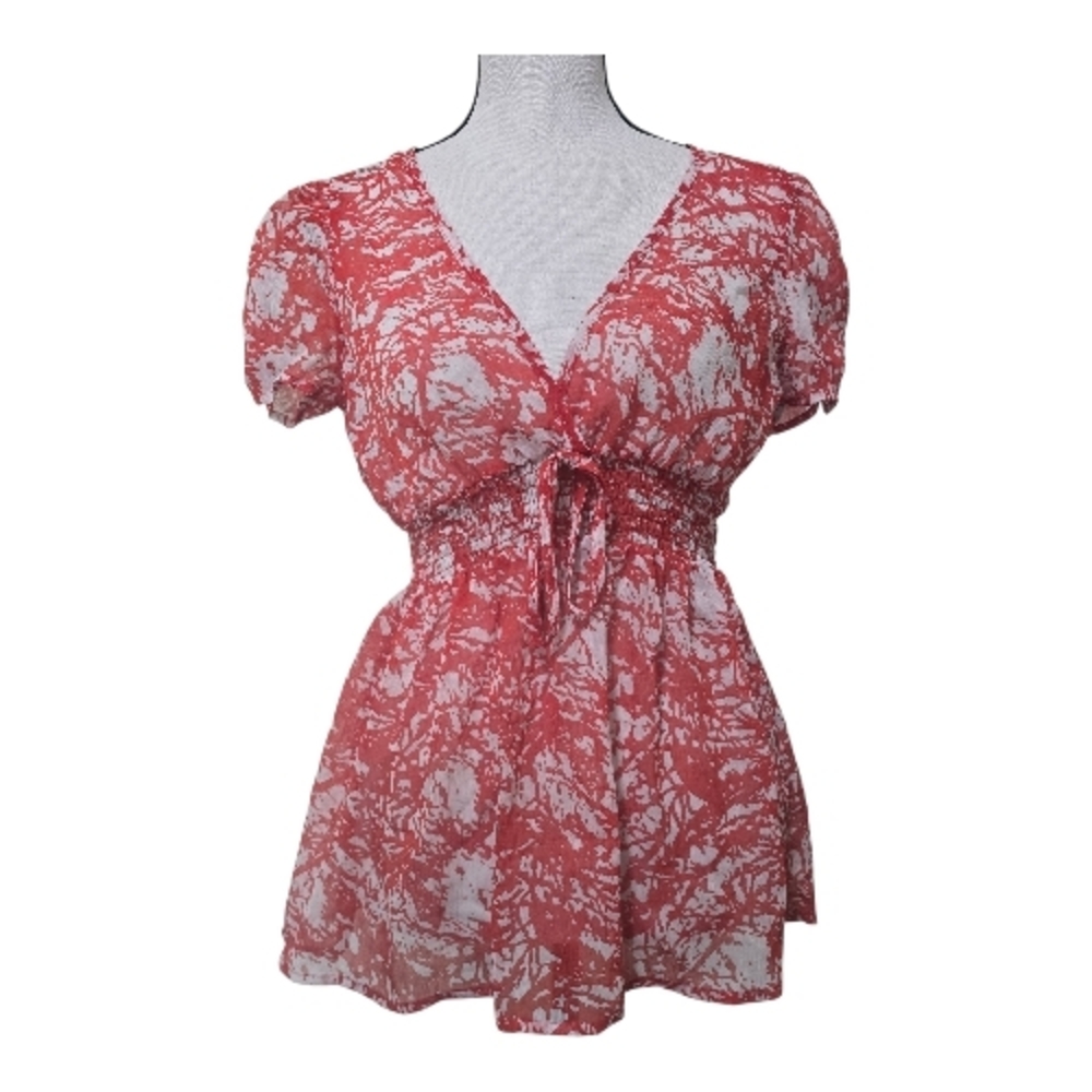 Y2K Coral & White Sheer Babydoll Blouse Smocked Waist Small Cottagecore Feminine
